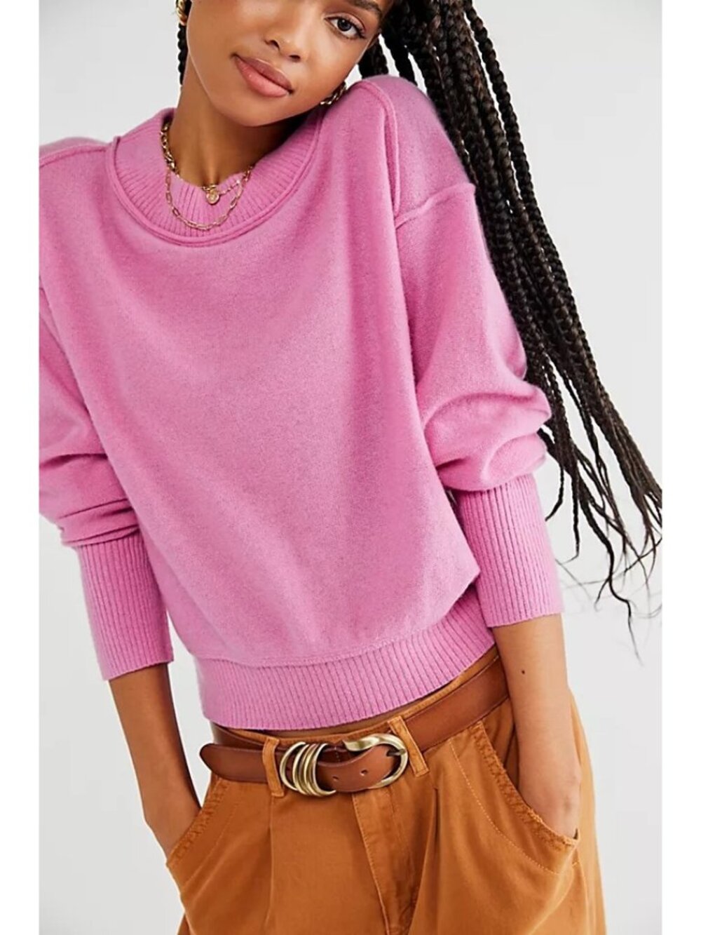 Free People Womens Pink 100% Cashmere Soft Slouchy Crew Pullover Sweater Small